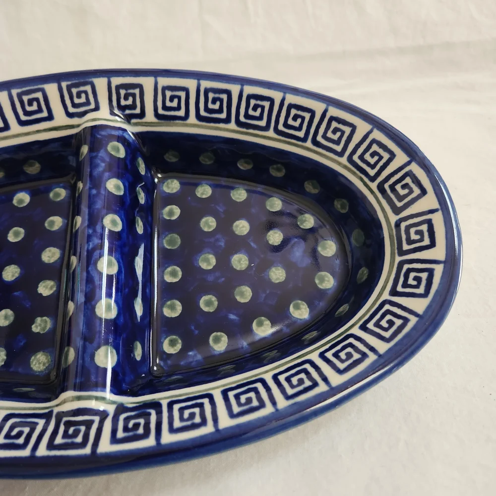 Boleslawiec Blue and Green Polish Pottery Divided Dish
